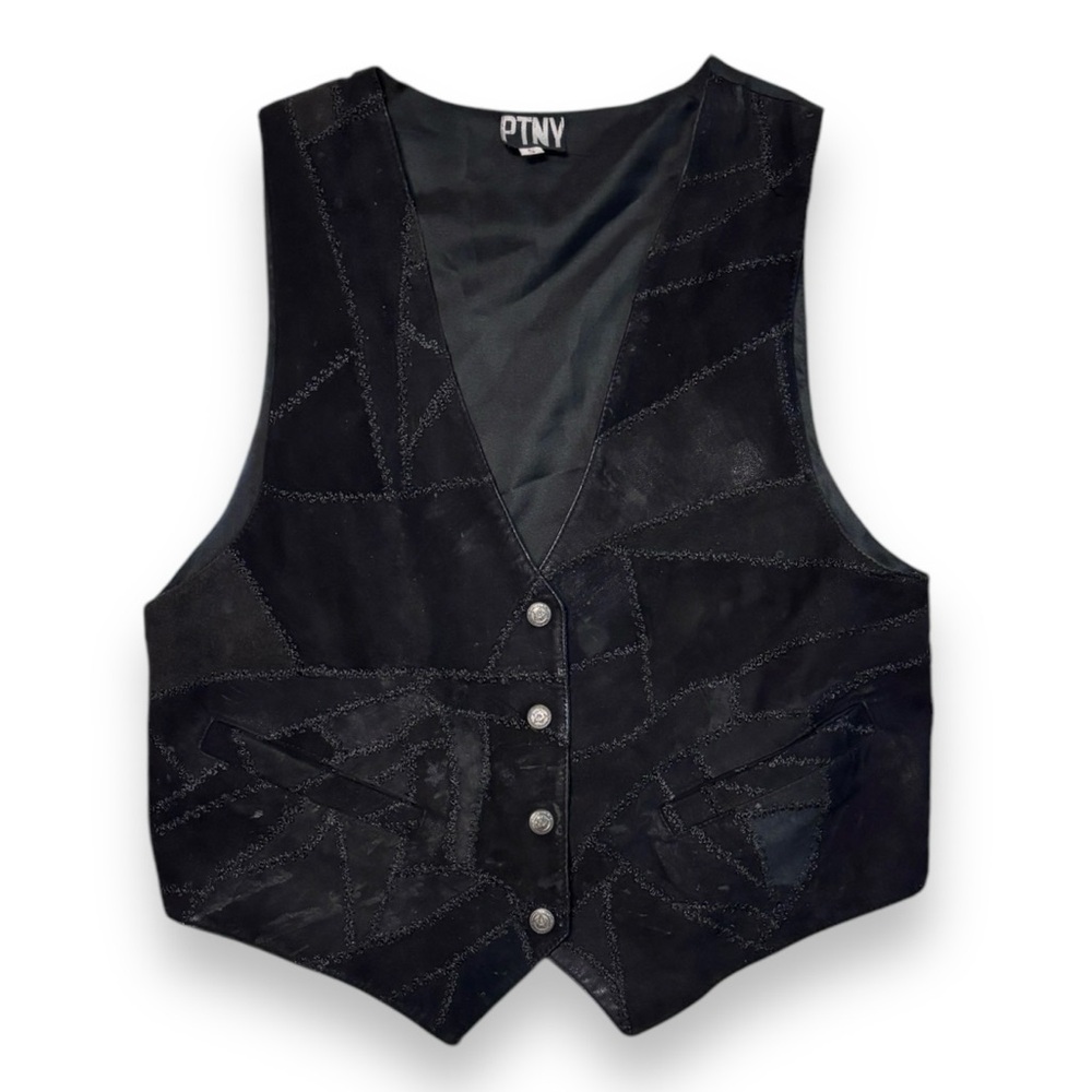 PTNY Black Patchwork Leather Suede Snap Front Vest VINTAGE